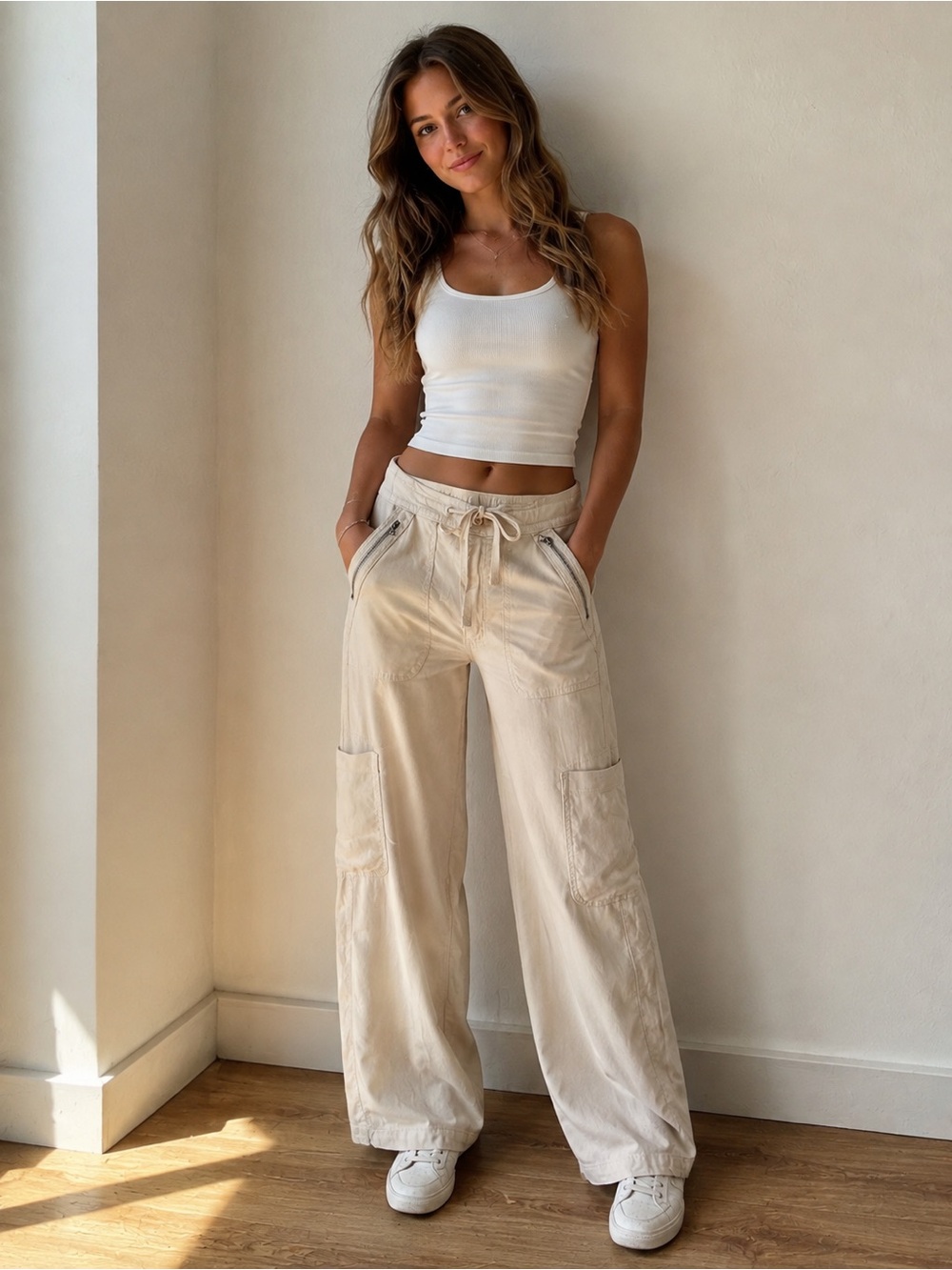 American Eagle Outfitters Wide-Leg Cargo Pants in Cream